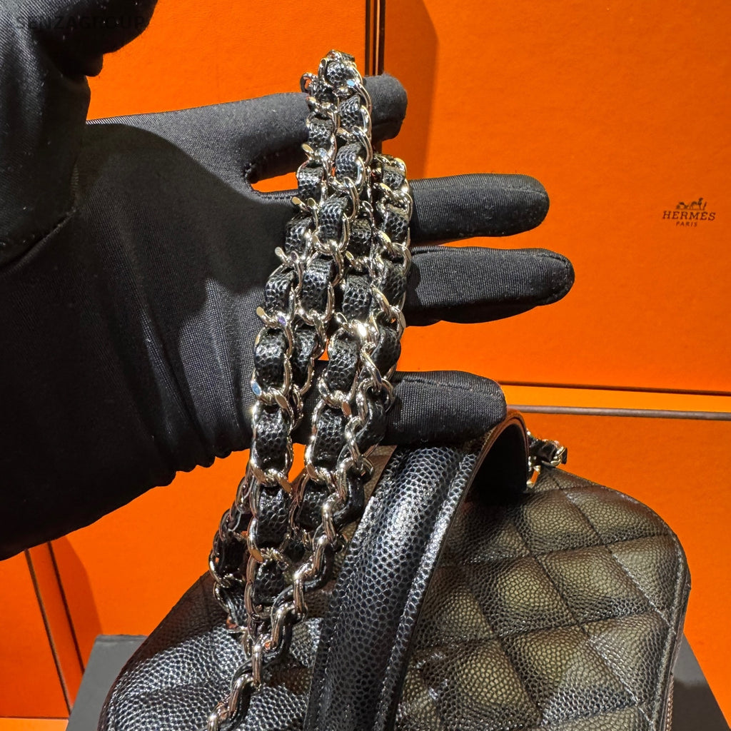 Chanel Black Silver Hardware Calfskin Chain Shoulder Bag Quilted Pattern