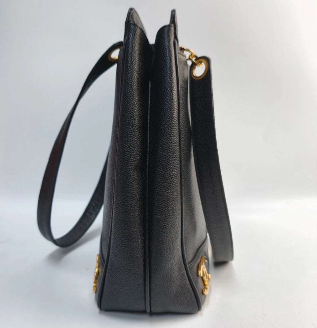 Chanel Vintage Tote Bag Shoulder Bag Black Gold Hardware Women Classic