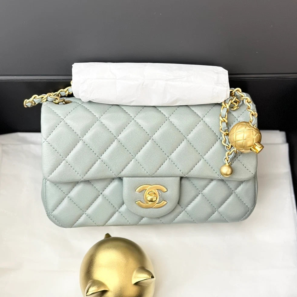 NEW Chanel Green Lambskin Chain Crossbody Bag Gold Ball Hardware