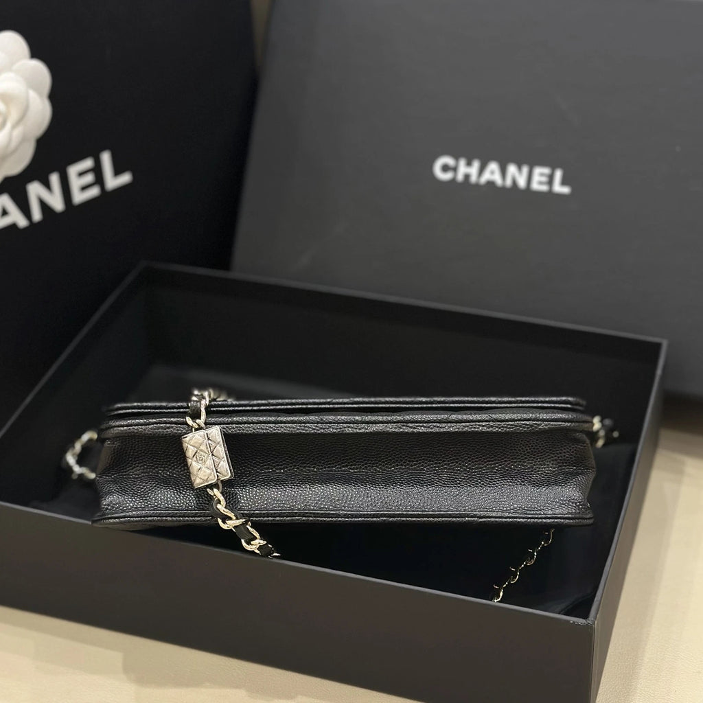 Chanel Black Leather Gold Chain WOC Crossbody Bag For Women