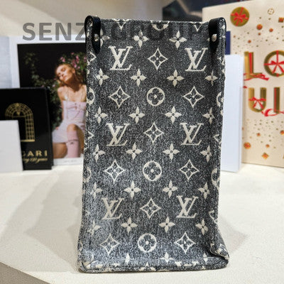 Louis Vuitton Onthego MM Denim Monogram Grey Tote Bag Women's Classic