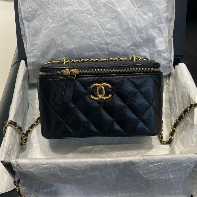 Chanel Vanity Black Gold Shoulder Bag Crossbody Excellent
