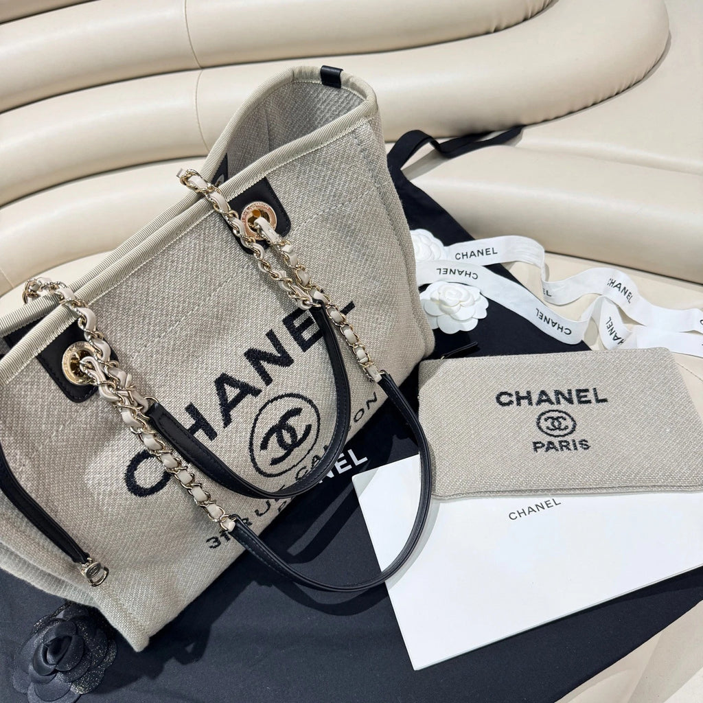 Chanel Deauville Tote Bag Large Canvas Shoulder Tote Black Women Classic