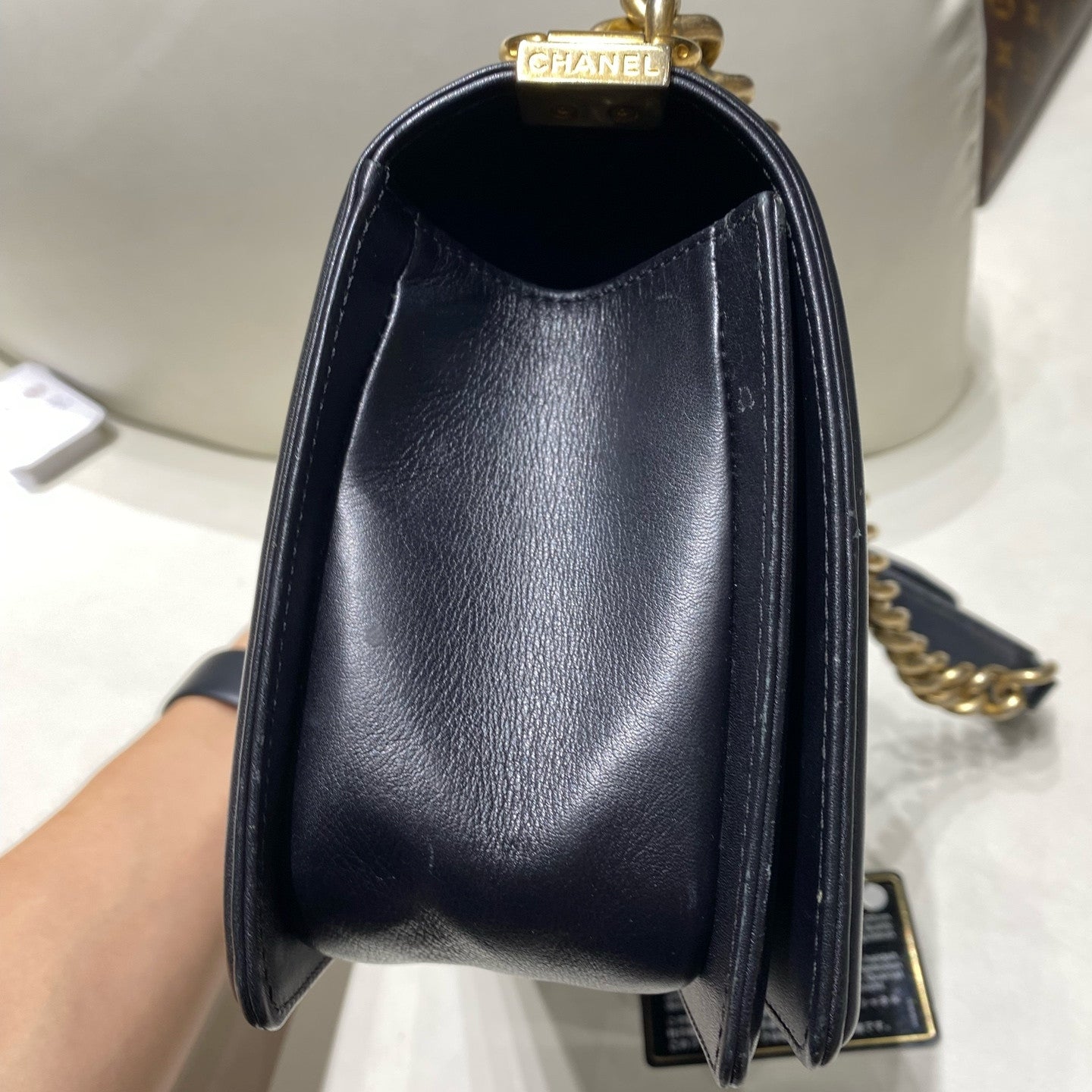 Chanel Le Boy Medium Calfskin Quilted Black Gold Chain Shoulder Bag