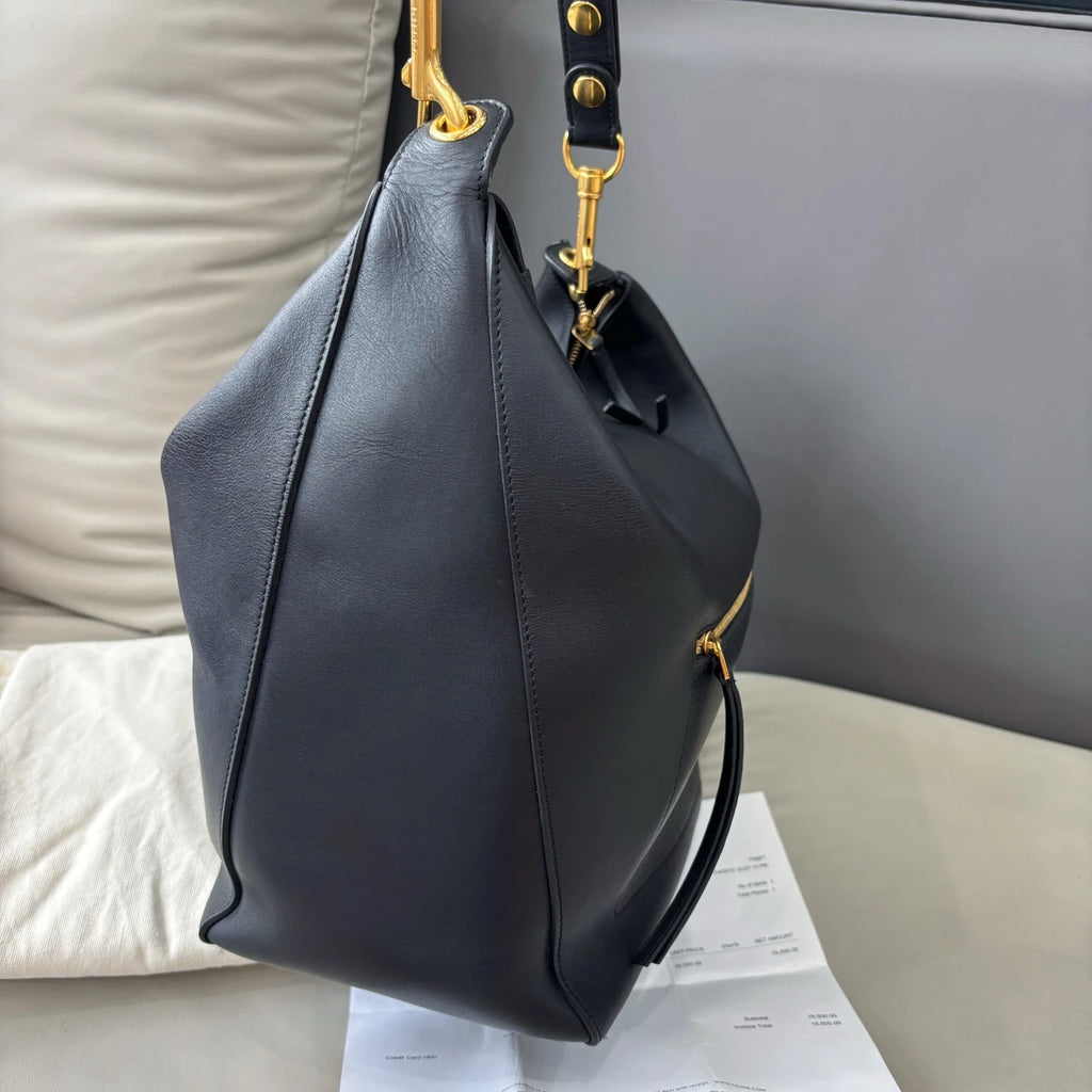 Authentic Celine Zipped Hobo Black Calfskin Shoulder Bag with Gold Hardware