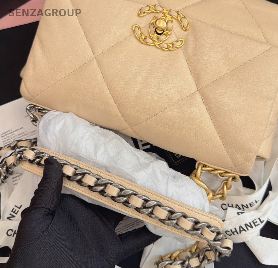 Chanel 19Bag Diamond PM Chain Shoulder Bag Beige Gold Women Classic Fashion