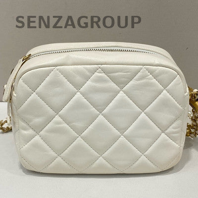 Chanel Quilted White Gold Camera Bag with Pearl Chain Strap