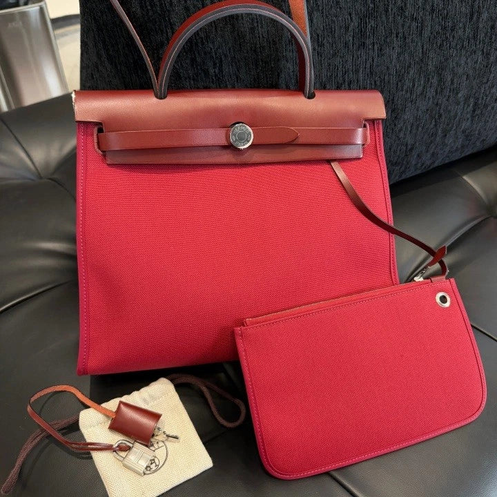 Hermes Herbag31 Canvas Top Handle Bag Crossbody Red Silver Women Classic D