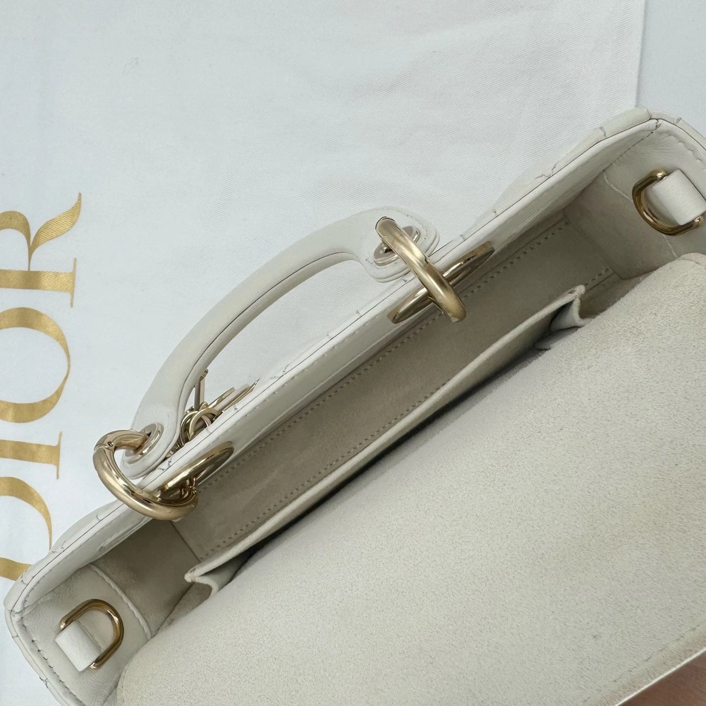 Dior White Gold D-Joy Top Handle Shoulder Bag For Women