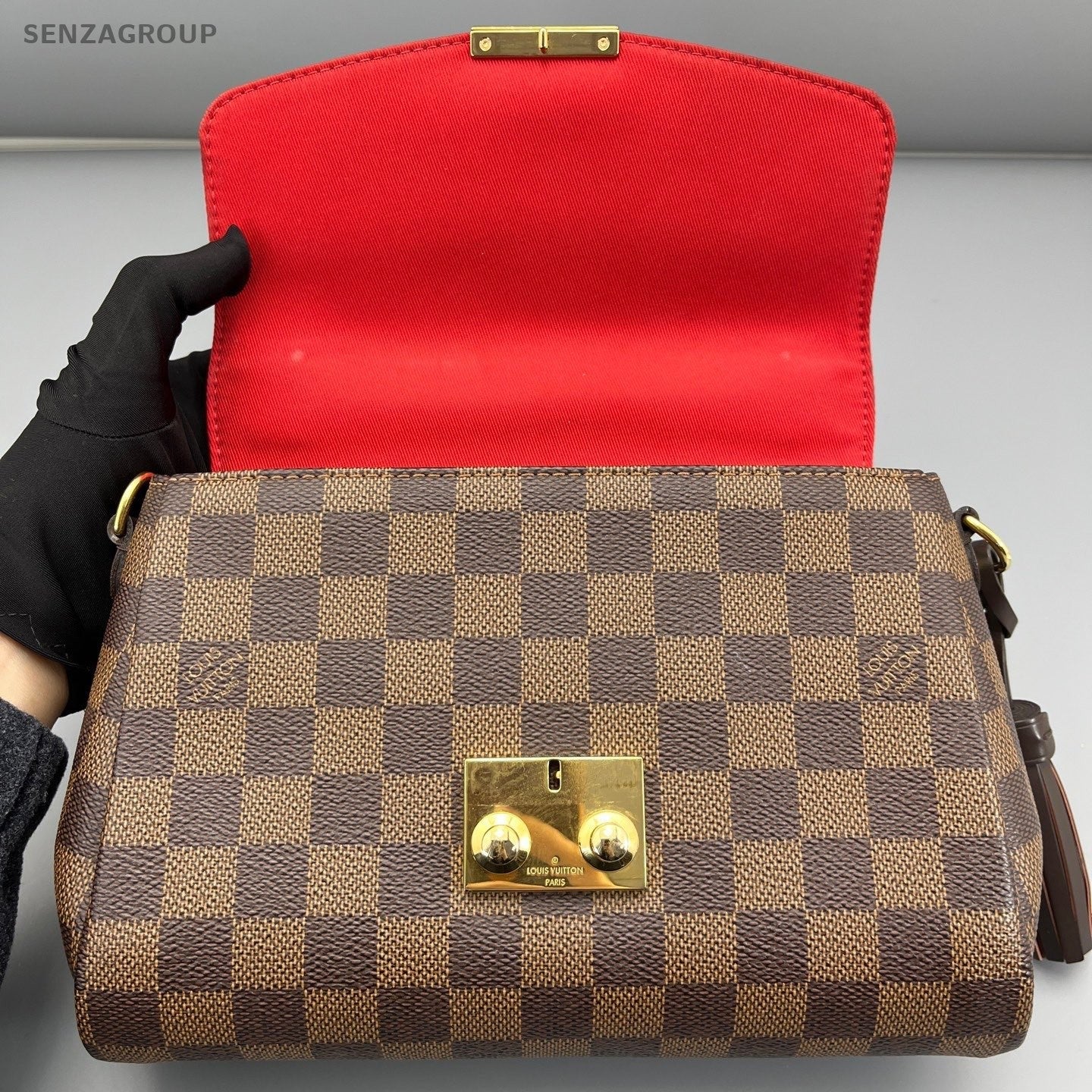Louis Vuitton Tassel Damier Ebene Top Handle Bag Crossbody Brown Gold Women