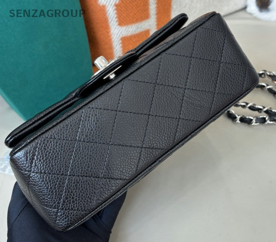 Chanel Classic Flap Chain Mini Shoulder Bag Crossbody Black Silver Diamond Women