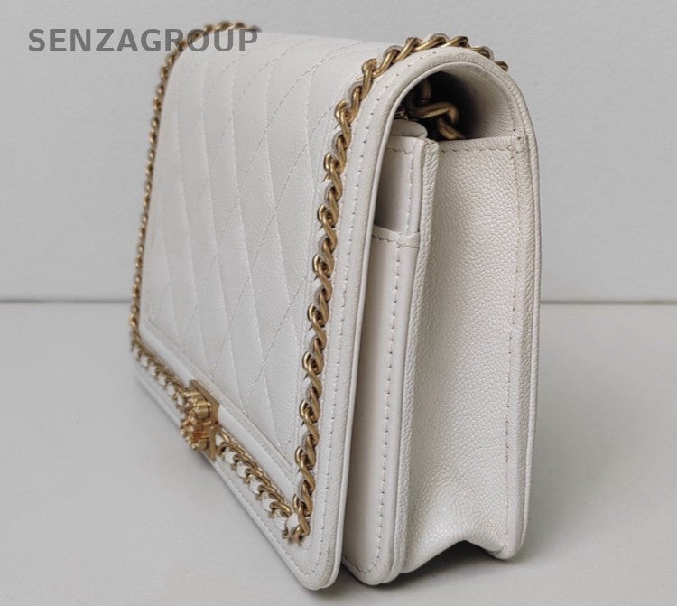Chanel Leboy WOC Chain Shoulder Bag Crossbody White Gold Diamond Women Classic