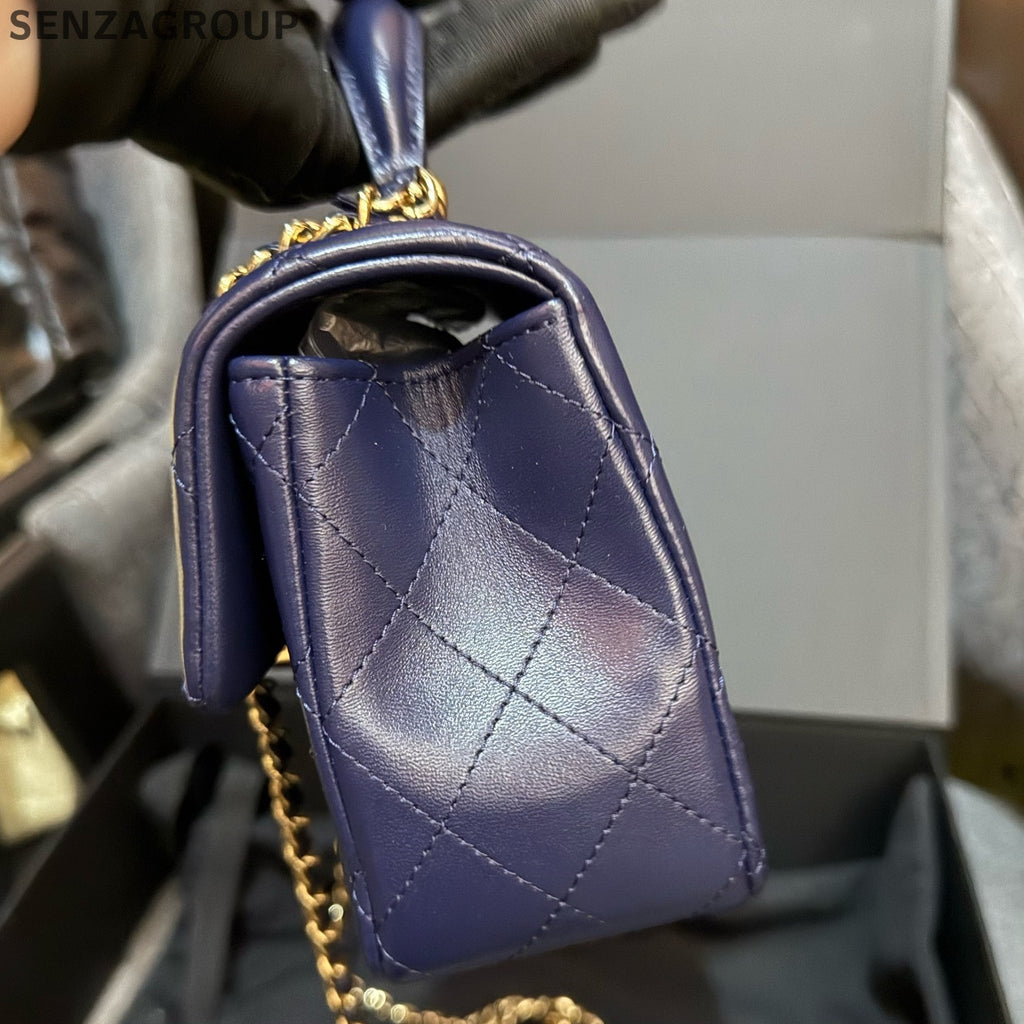 Chanel Classic Flap Mini Blue Gold Chain Shoulder Crossbody Bag Women