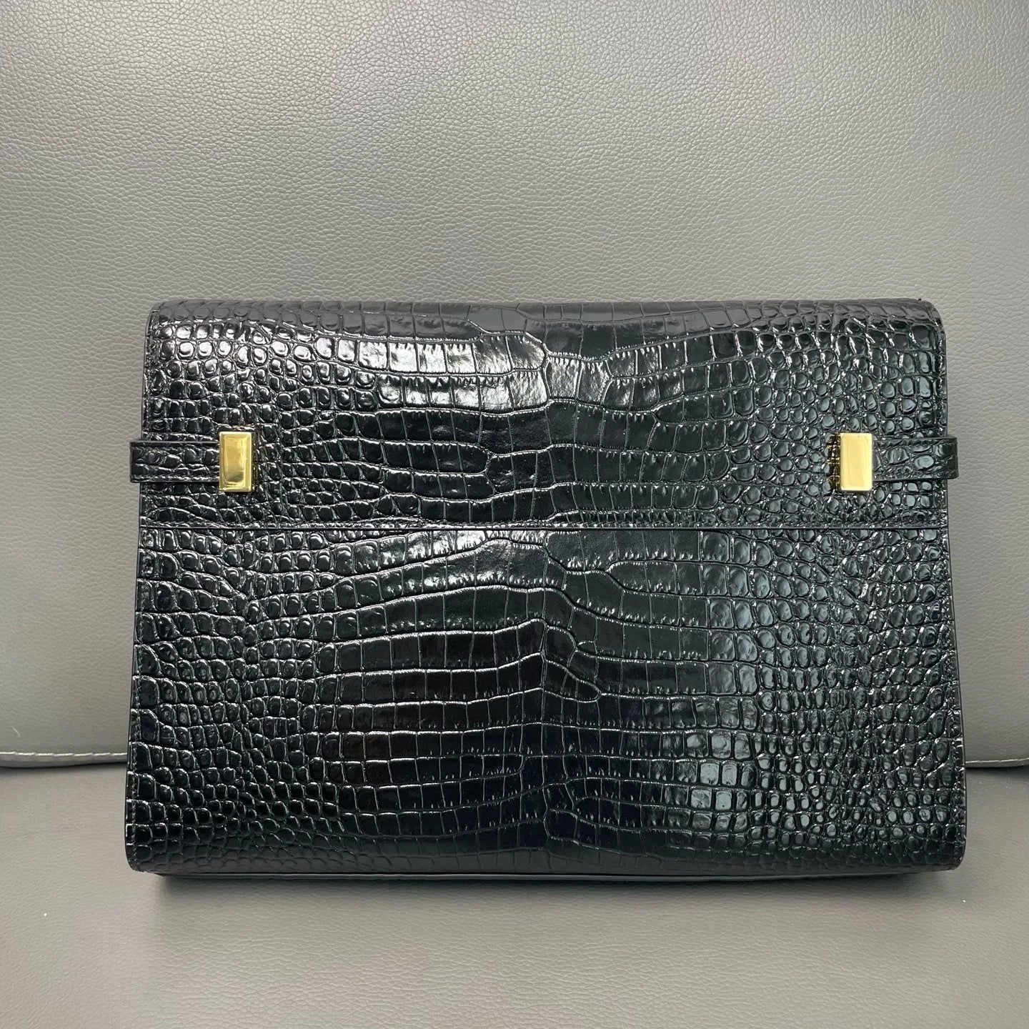 YSL Manhattan Black Crocodile Embossed Leather Bag For Women