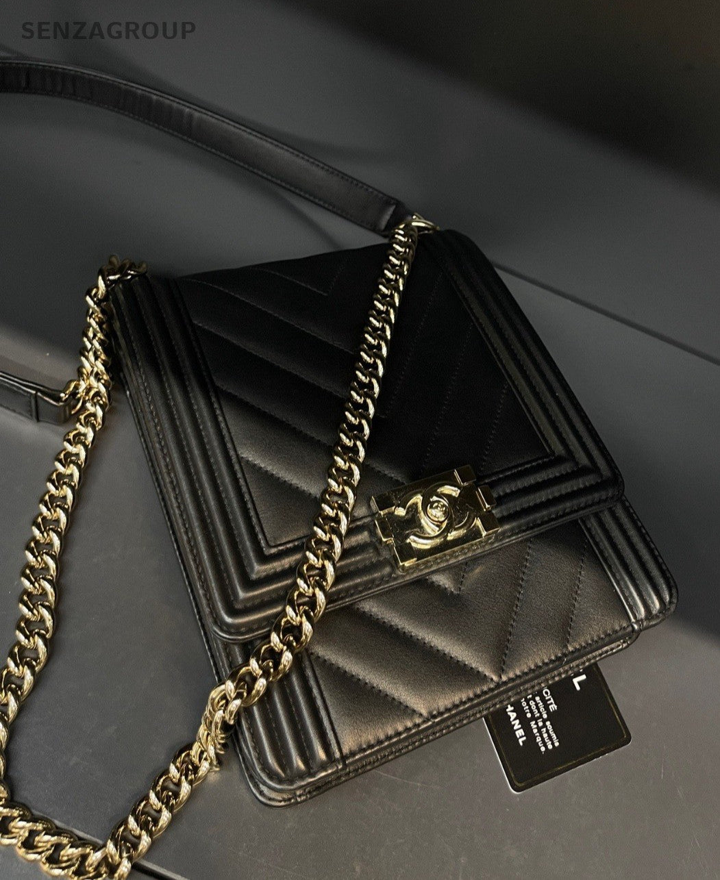 CHANEL Leboy V-shaped pattern Chain Shoulder bag Black Gold Women Classic