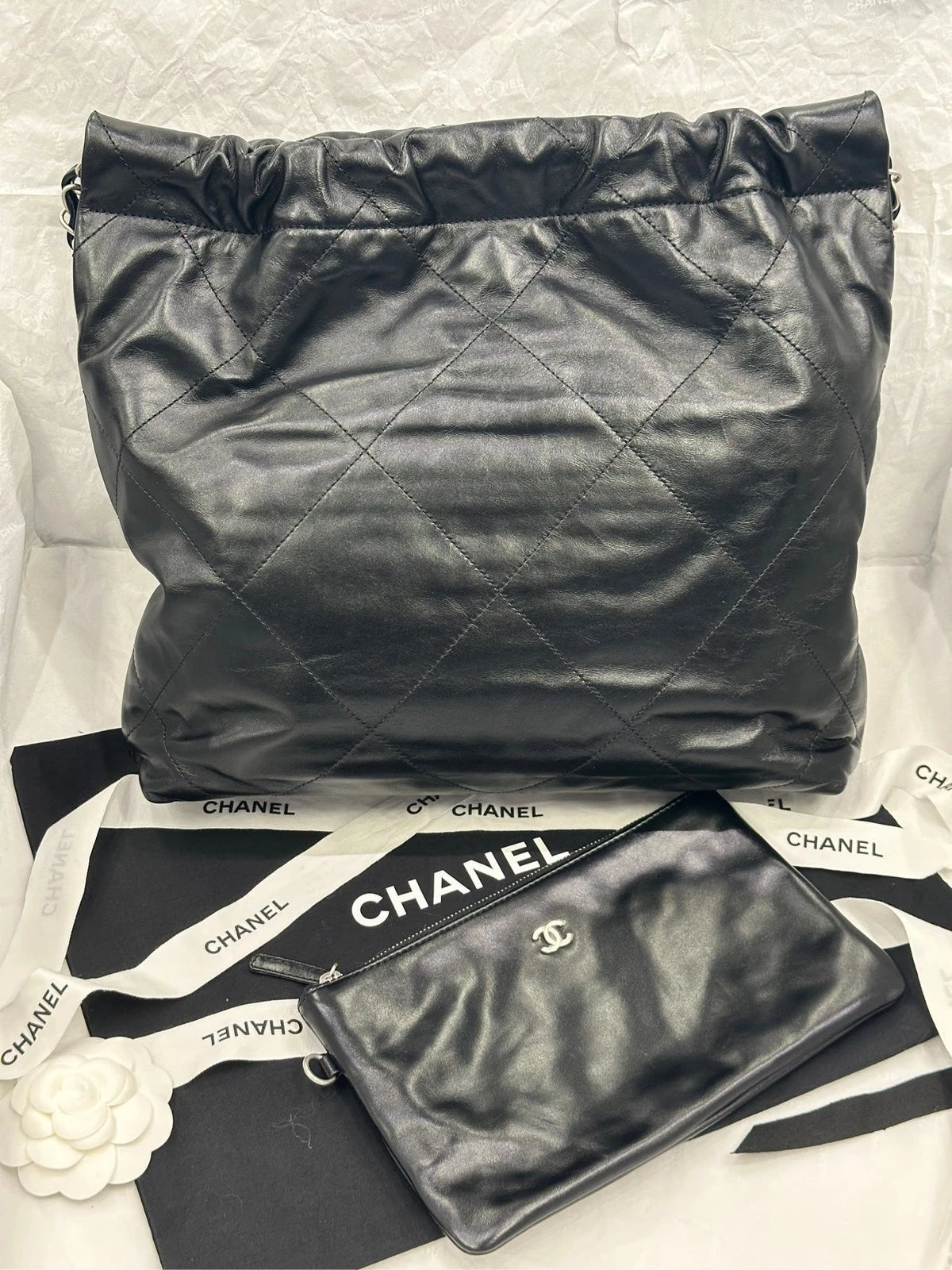 Authentic CHANEL 22Bag Small Black Silver Chain Tote Bag For Women