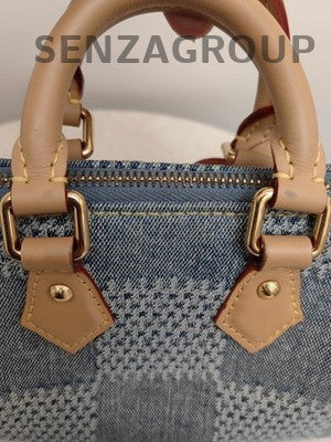 Louis Vuitton Damier Nano Speedy 18 Denim Blue Gold Women's Handbag