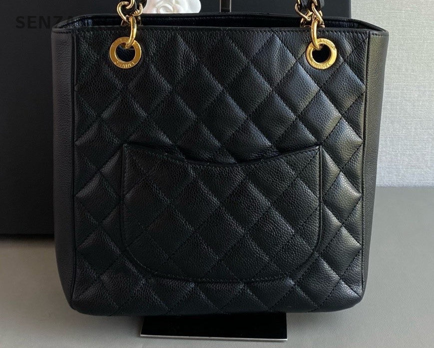 CHANEL PST Calfskin CC Chain Shoulder Handbag Women Black Gold