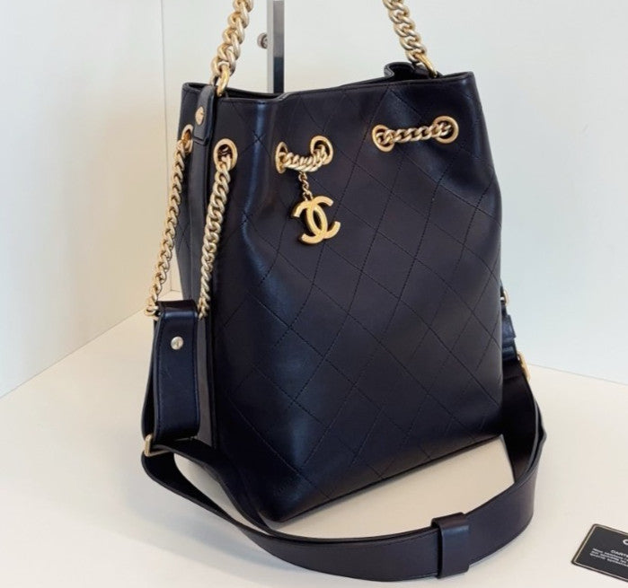 Chanel Calfskin Hobo Bag Chain Top Handle Shoulder Bag Black Gold Women Classic
