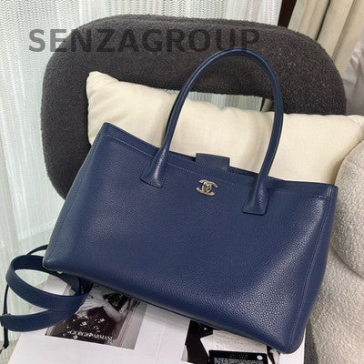 Chanel Medium Blue Silver Calfskin Tote Shoulder Bag Classic Women