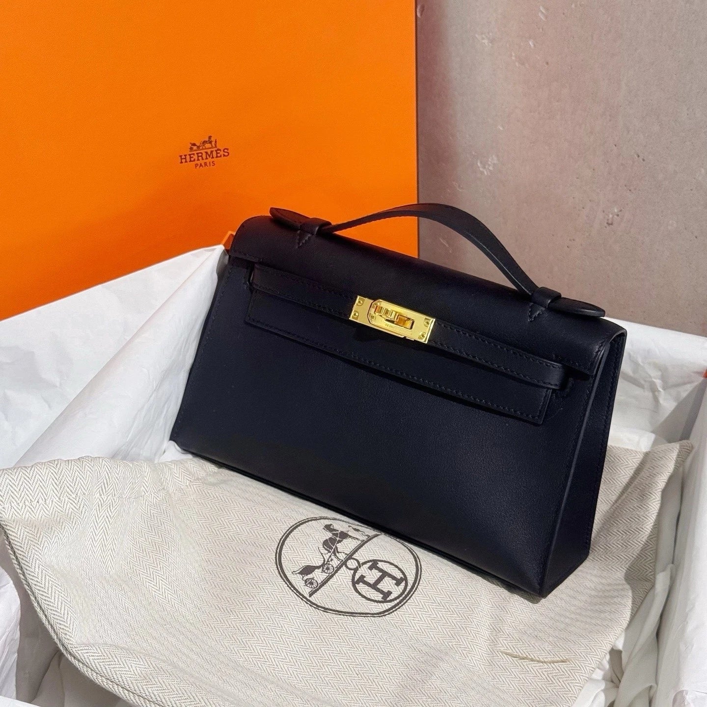Hermes Black Gold Leather Mini Kelly Top Handle Bag For Women