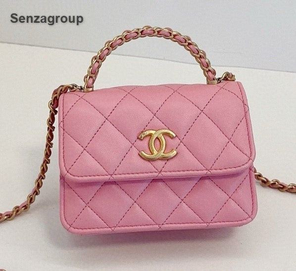 Chanel Kelly Mini Chain Top Handle Crossbody Pink Gold Diamond Women Classic