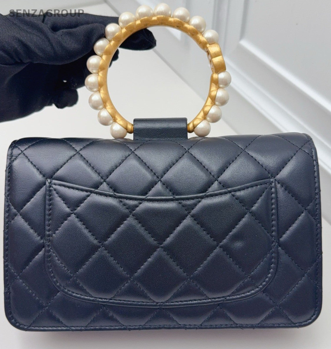 Chanel WOC Pearl Top Handle Bag Chain Shoulder Bag Black Gold Used Women