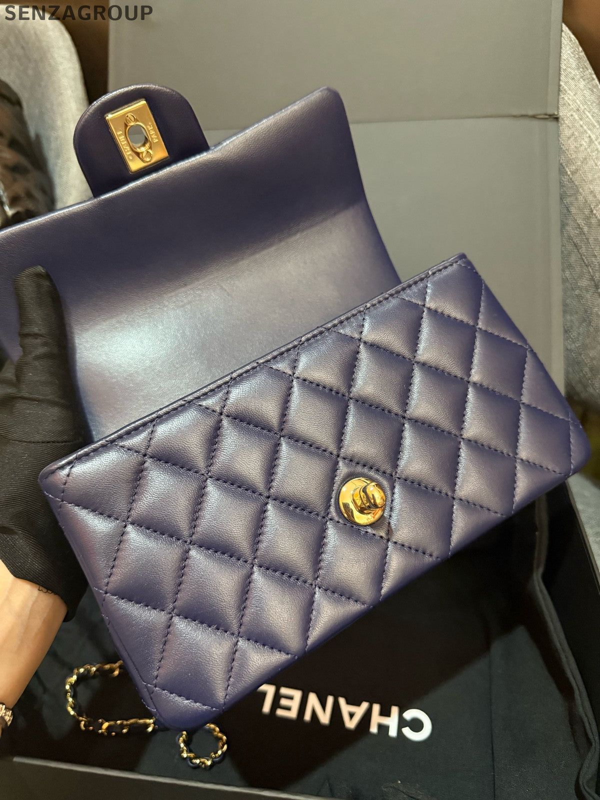 Chanel Classic Flap Mini Blue Gold Chain Shoulder Crossbody Bag Women