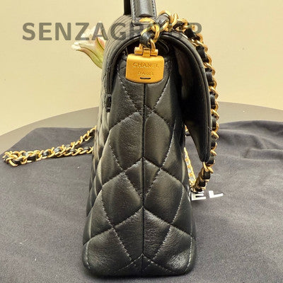Chanel Kelly Large Lambskin Quilted Shoulder Bag Black Gold Women