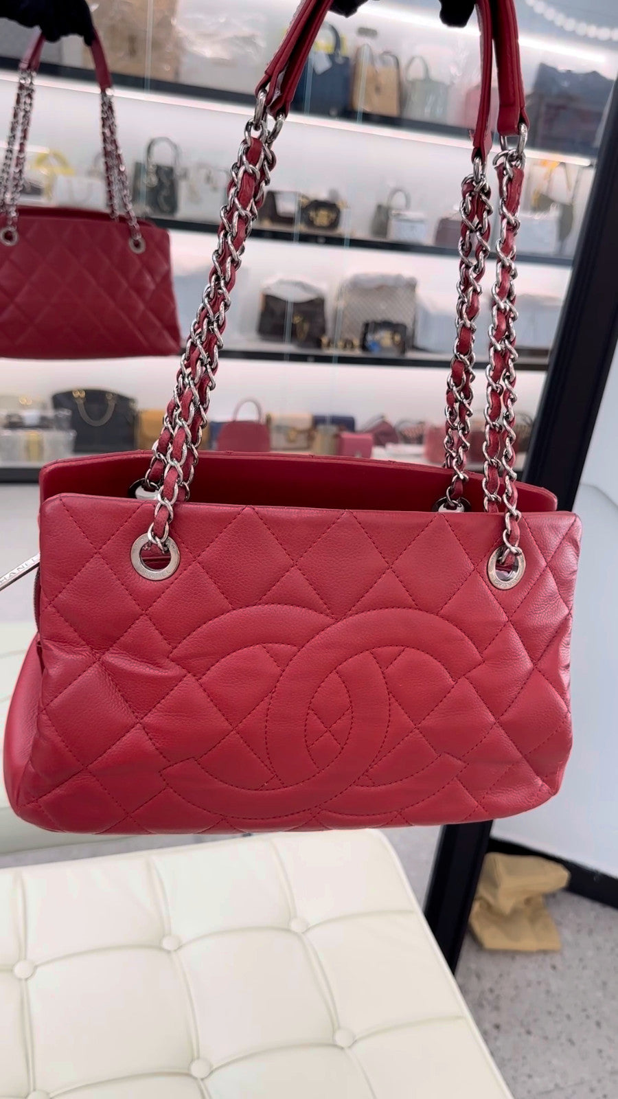 CHANEL 12C Calfskin CC Logo Chain Shoulder bag Red Silver Women