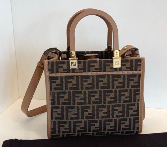 Fendi Sunshine Tote PM Monogram Top Handle Shoulder Bag Brown Almost Brand New
