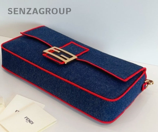 Fendi  Baguette GM Top Handle Bag Crossbody Blue Gold Women Classic Fashion