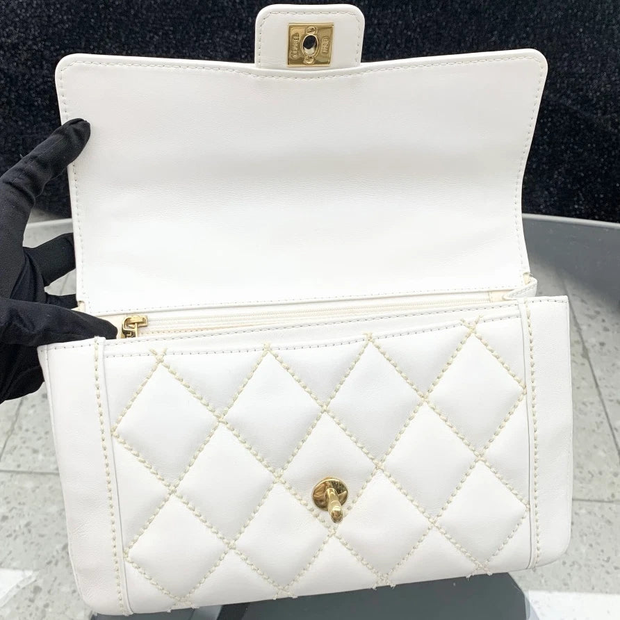 Chanel Calfskin Diamond Top Handle Shoulder Bag White Gold Hardware Women S