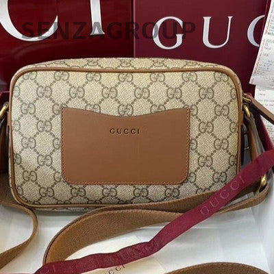 Gucci GG Emblem Canvas Shoulder Crossbody Bag Beige Gold Hardware