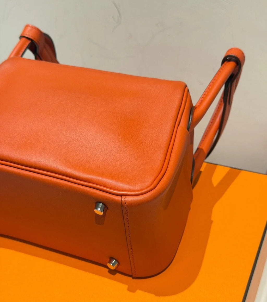Hermes Lindy Mini Top Handle Shoulder Bag Orange Silver Women Classic Fashion