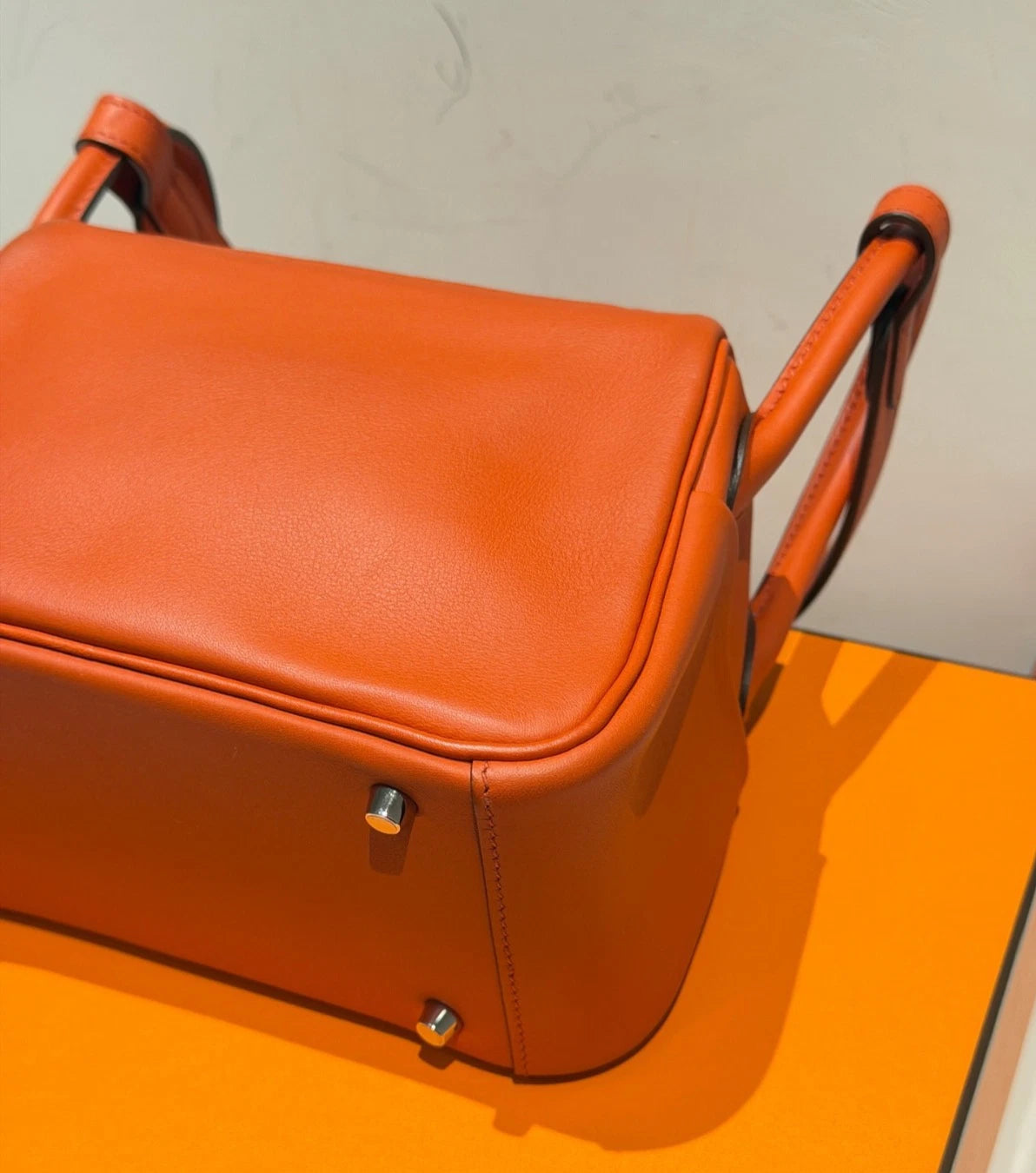 Hermes Lindy Mini Top Handle Shoulder Bag Orange Silver Women Classic Fashion