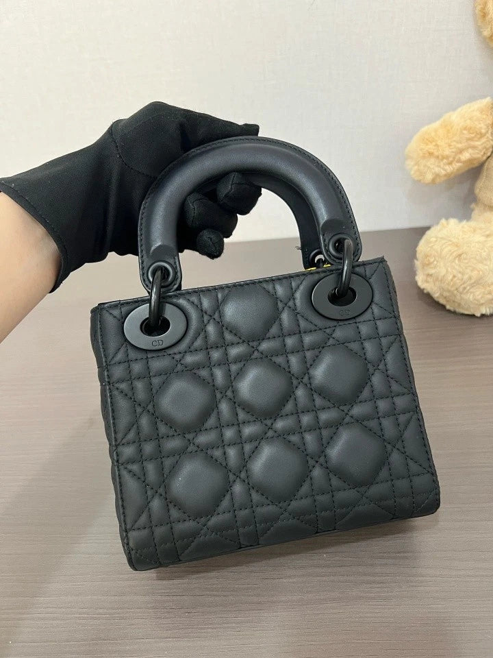 Dior Black Leather 3-Grid Lady Dior Top Handle Bag For Women