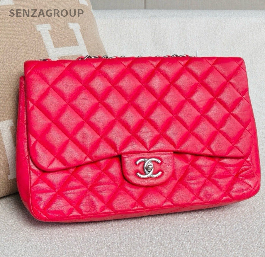 Chanel Classic Flap Jumbo Lambskin Chain Shoulder Crossbody Red Silver Women
