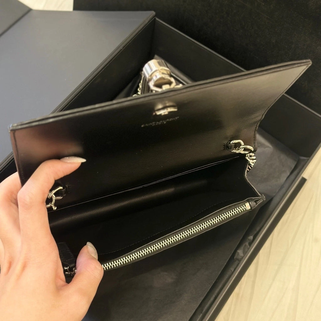 YSL Mini Croc Embossed Black Silver Chain Shoulder Bag For Women