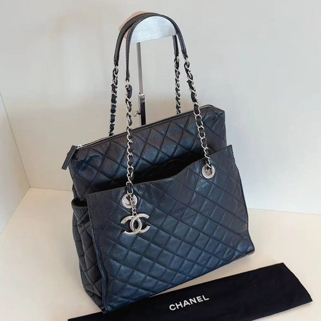 Chanel Calfskin Tote Chain Shoulder Bag Black Silver Diamond Women Classic