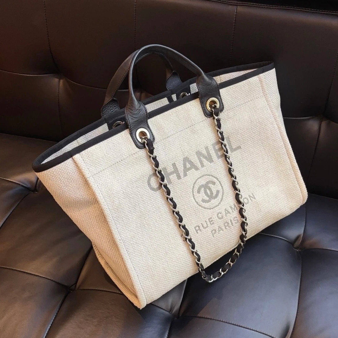 Chanel Beach Bag GM Chain Shoulder Bag Top Handle Bag Gray Used Women