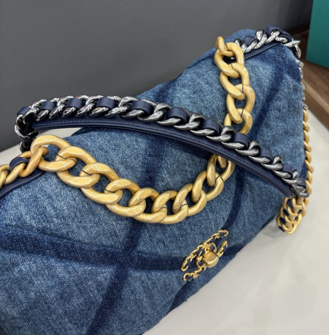 Chanel 19Bag MM Denim Chain Shoulder Bag Crossbody Blue Gold Women Classic