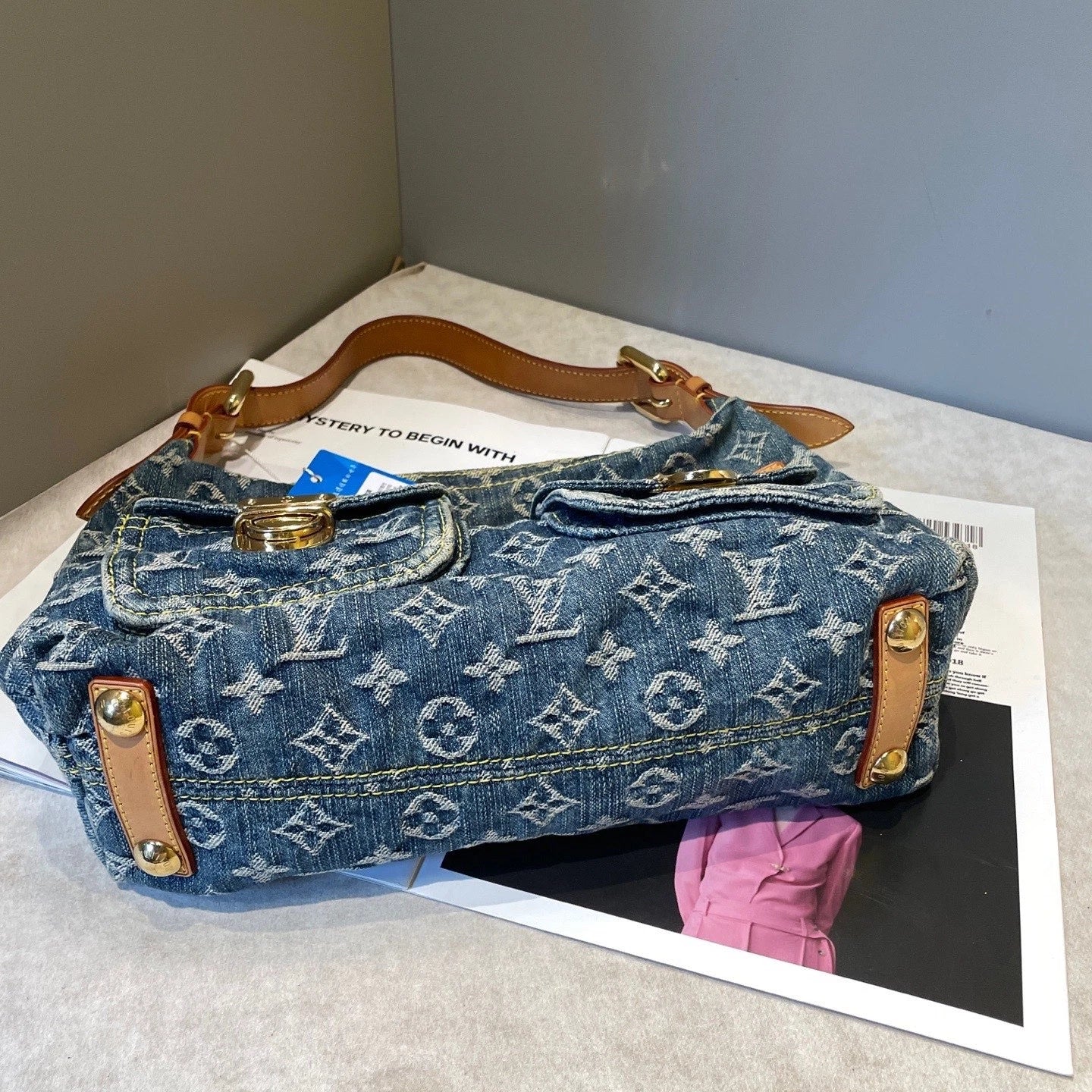 Louis Vuitton Baggy Denim Shoulder Bag Blue Gold Used Women Monogram Vintage