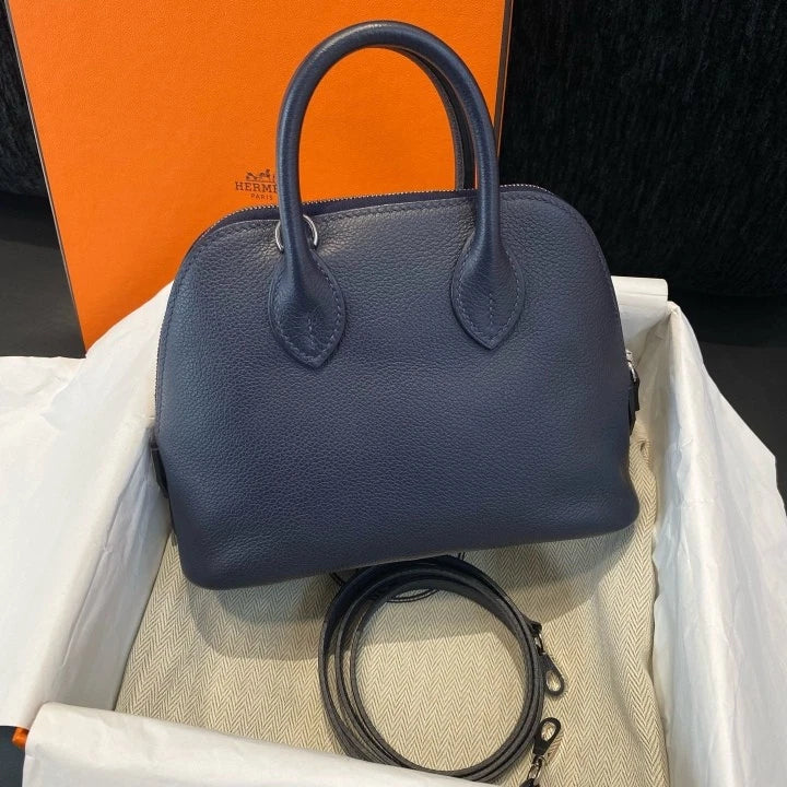 Hermes Bolide Mini Top Handle Bag Crossbody Navy Silver Women Classic D
