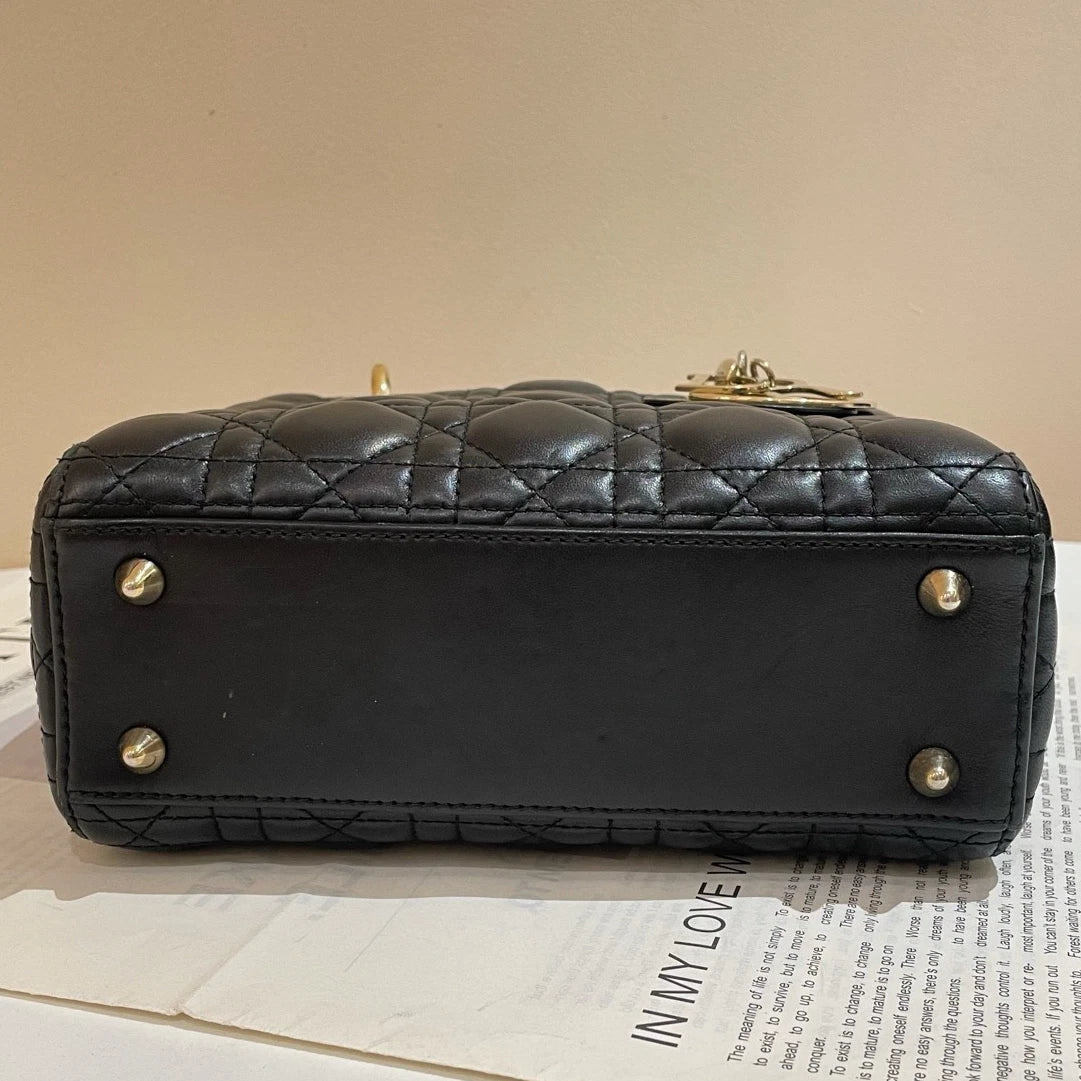 Dior Lady Dior Lambskin Black Gold Shoulder Bag Handbag Excellent