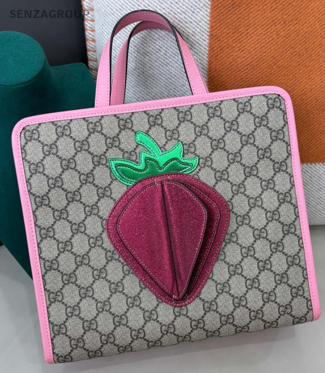 Gucci Strawberry Tote Handbag Beige Pink Used Women Classic Designer
