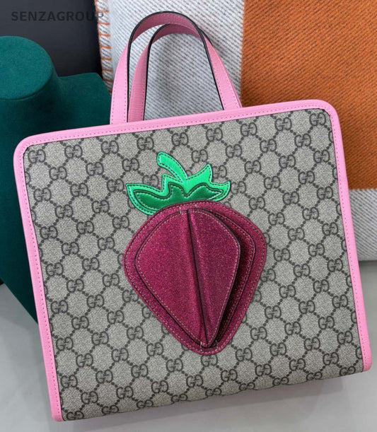 Gucci Strawberry Tote Handbag Beige Pink Used Women Classic Designer