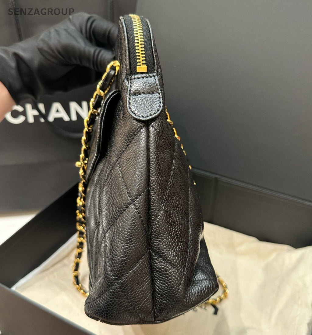 Chanel Diamond Chain Shoulder Bag Black Gold Women Classic Vintage