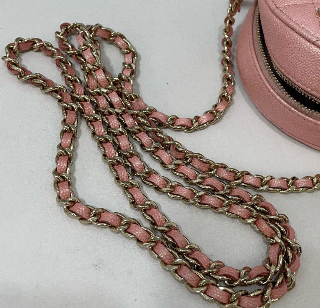 Chanel Diamond Lambskin Round Bag Chain Crossbody Pink Gold Women Classic