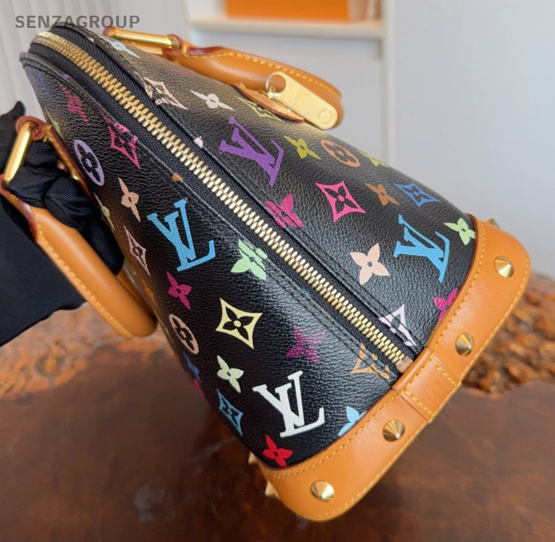 Louis Vuitton Alma Black Multicolor Monogram Top Handle Bag Gold Women Classic